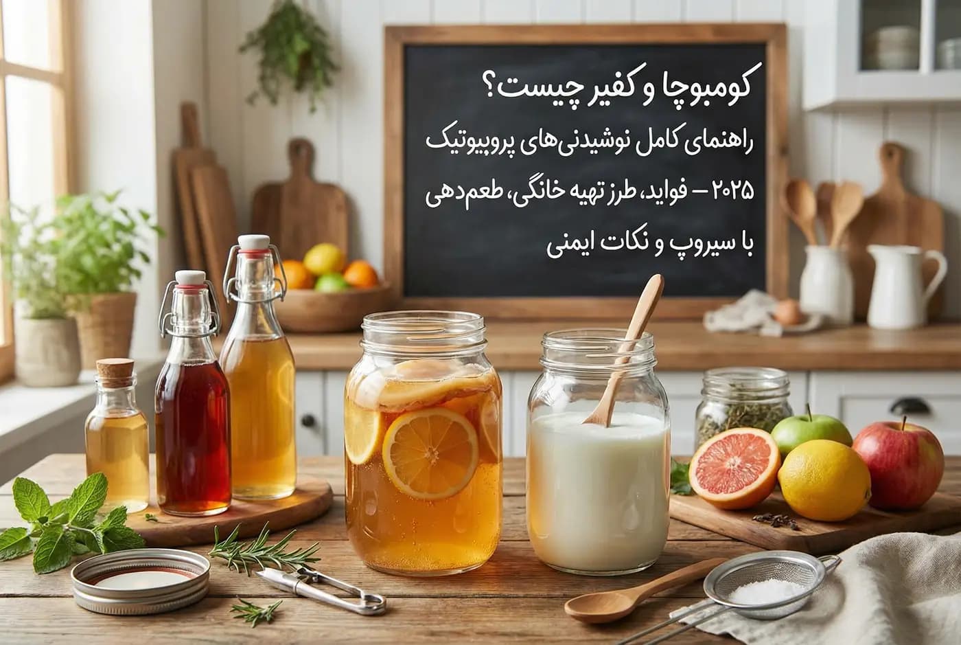 کامبوچا و کفیر چیست؟ راهنمای کامل نوشیدنی‌های پروبیوتیک ۲۰۲۵ — فواید، طرز تهیه خانگی، طعم‌دهی با سیروپ و نکات ایمنی