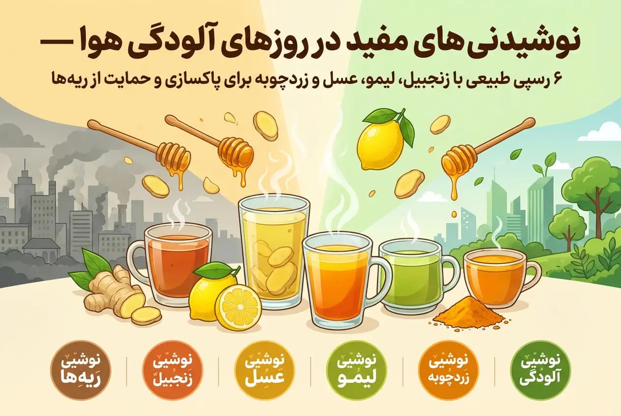 نوشیدنی های مفید در روزهای آلودگی هوا — ۶ رسپی طبیعی با زنجبیل، لیمو، عسل و زردچوبه برای پاکسازی و حمایت از ریه‌ها